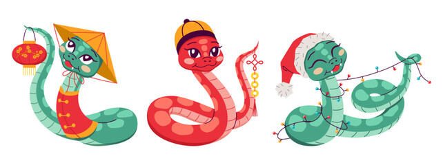 Cute snakes representing Chinese zodiac year 2D cartoon characters set. Reptiles with Asian accessories isolated vector animals on white