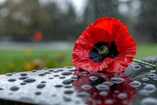 Tribute to fallen heroes  close up of red poppy on war memorial, a symbol of remembrance
