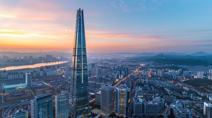 Obraz premium Cityscape view at sunset from a high rise building. Suitable for urban landscapes