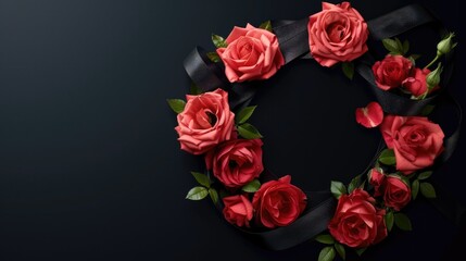 Obraz premium Beautiful wreath of red roses with a black ribbon. Perfect for romantic occasions or memorials