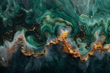 Abstract background or wallpaper of green gold, and white ink like liquid fluid painted painting...