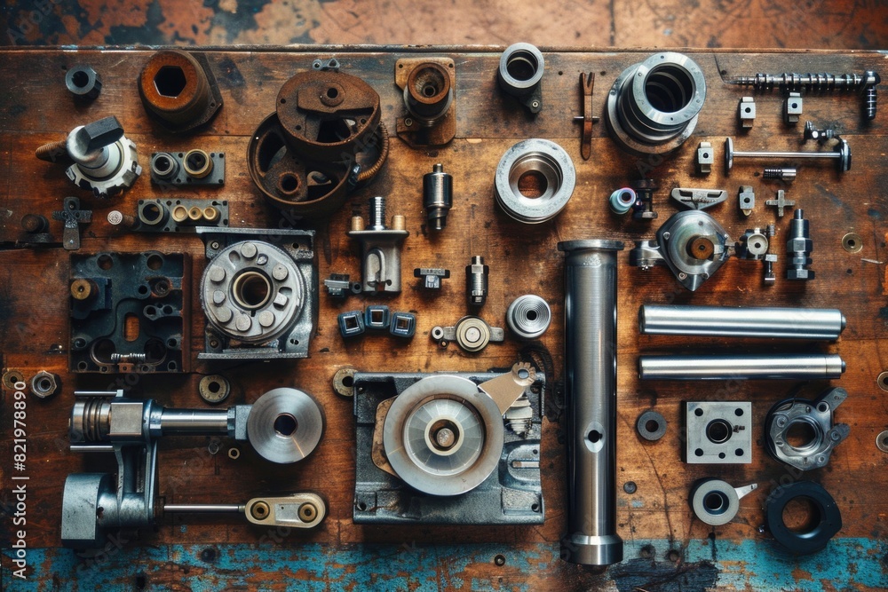 Poster various metal parts displayed on a rustic wooden table. suitable for industrial and diy projects