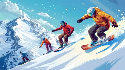 Snowboarders descending a snowy mountain in vibrant action
