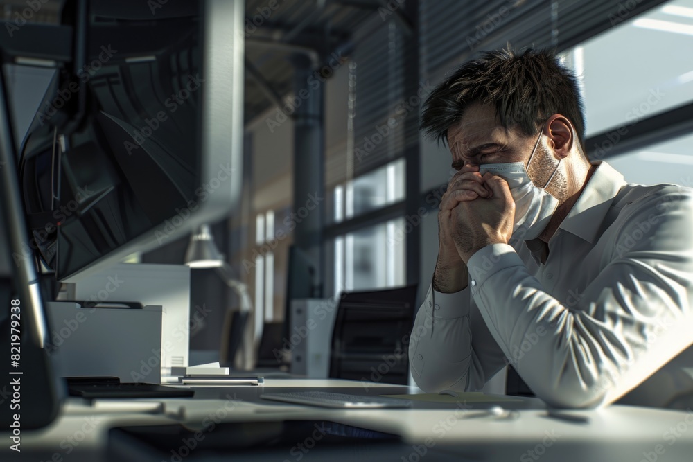 Aufkleber A man sitting at a desk in front of a computer. Suitable for business concepts