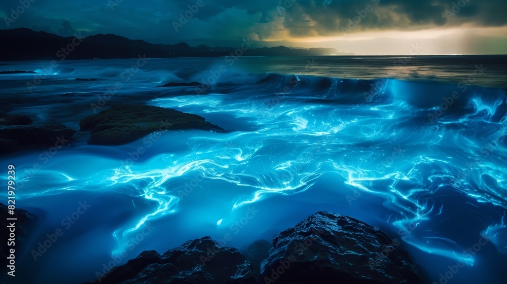 Poster a mystical wave pool with bioluminescent water, casting an enchanting glow and creating a surreal ex