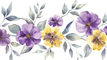 Watercolor floral painting violet and yellow flowers