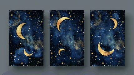 Starry night themed invitation template collection with gold and blue save-the-dates. Gold and blue save-the-date cards with watercolor sparkles.