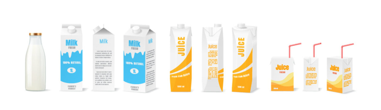 Eco friendly packaging for milk and juice realistic vector illustration set. Recyclable packs for drinks 3d objects on white background