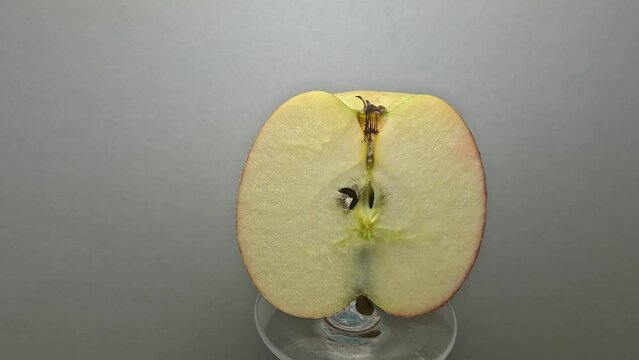 Closeuo footage of a half apple on a glass pole slowly rotating on a blur light-gray background