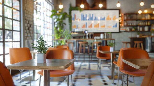 Graphs moving over chairs and tables arranged in a coffee shop