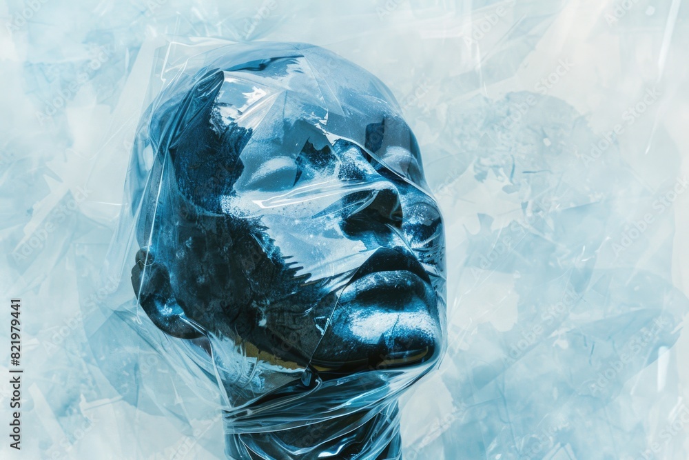Poster close-up of a person in a plastic mask, suitable for various concepts and designs