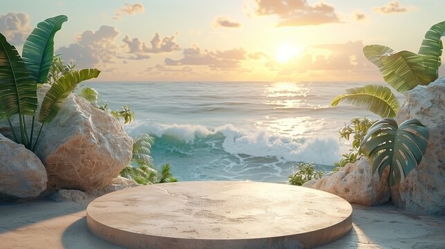 Summer podium display, pile of sand on cloud and sun shines, sand beach background