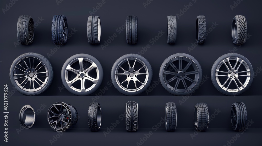 Poster assorted tire collection for various uses. ideal for automotive industry projects
