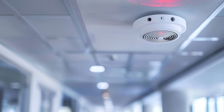 A close shot of smoke dictator fire alarm in a office building ceiling with a white surface concept with space for text or product advertisement, Generative AI.