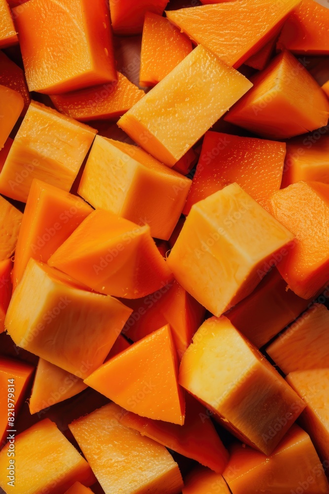 Poster a close up image of a pile of cut up carrots. perfect for food and cooking related projects