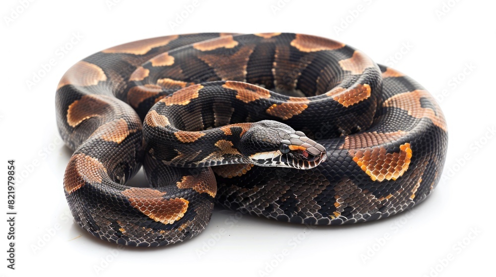 Poster a close-up view of a snake on a white surface. perfect for educational materials or wildlife themes