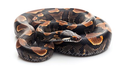 A close-up view of a snake on a white surface. Perfect for educational materials or wildlife themes