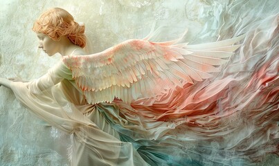 A sculpture of an angel against a blank wall.