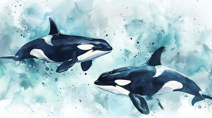 Obraz premium Watercolor painting of two killer whales in the ocean.