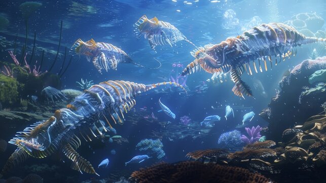 Adapted from a 3D science illustration of a Cambrian underwater scene that includes Anomalocaris, Opabinia, Hallucigenia, Pirania, and Dinomischus (animal species of the Cambrian period)