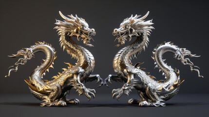 Obraz premium Gold and silver dragon in smart pose with alpha path, 3d rendering included.