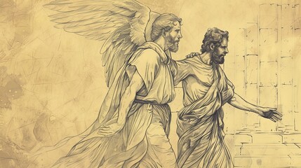 Fototapeta premium Watercolor of Peter’s Miraculous Escape from Prison with Angel - Biblical Art