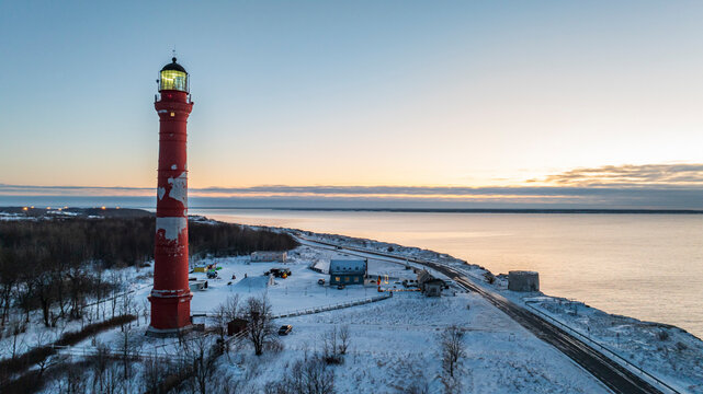 Aerial winter sunset view of the coastal limestone cliff of the Pakri peninsula, Estonia
