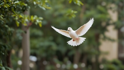 Obraz premium white dove flies in the middle of the park