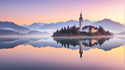 small village with a chapel on an island in the middle of a lake at sunset