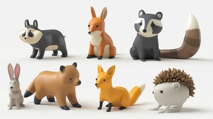 Naklejka premium Animated animals set of bear, raccoon, fox, hare, squirrel, hedgehog and deer in 3D, isolated. Stock AI.