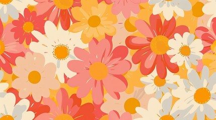 Colorful pastel color groovy artwork, vintage 70s-style flower background. Y2K nature backdrop with daisy flowers.