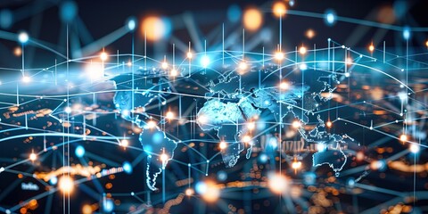 A global business network, data analysis of financial and banking sectors, customer service, technology and data connections, teamwork, business strategy, and digital marketing