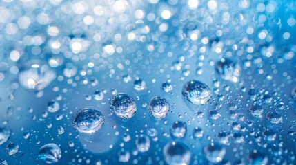 Crystal clear water droplets on vibrant blue surface