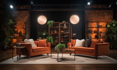 An attractive setting for television interviews, with cushioned seating and sophisticated lighting