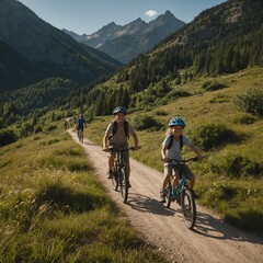 A family riding bicycles along a scenic mountain trail.

