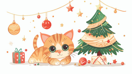 Cute cat and Christmas tree on white background Vector