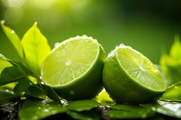 Limes on Green Leaves. Blurred background with copy space