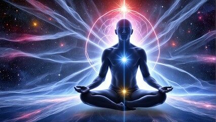 a meditating yogi in the lotus position with the image of the chakras emits rays in the middle of space and stars