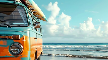 Detail of a colorful van on the beach with a surfboard on the roof. Summer concept of surfing and relaxing on the beach