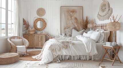 Featuring wicker furniture and woven decor elements, this white bohemian style bedroom has light wood accents