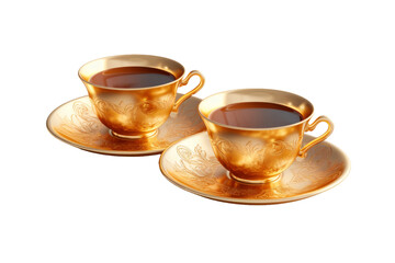 Shimmering Elegance: Two Golden Cups and Saucers on a Clear PNG or White Background.