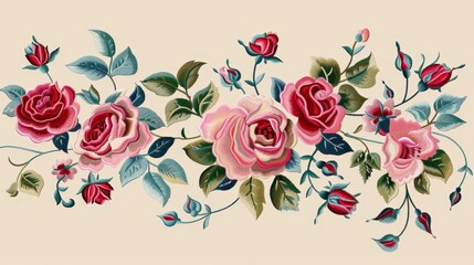 An embroidery pattern featuring roses, buds, and leaves. It is done in satin stitch embroidery on a beige background.