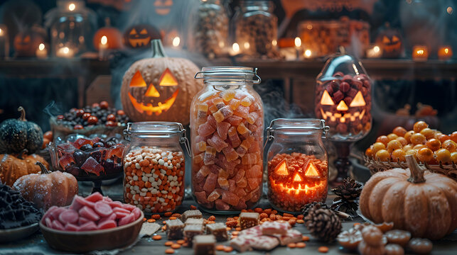 A Halloween-themed candy bar at a party, with jars of sweets and spooky decorations