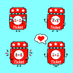 Funny cute happy Cinema ticket characters bundle set. Vector hand drawn doodle style cartoon character illustration. Isolated on blue background. Ticket mascot character collection