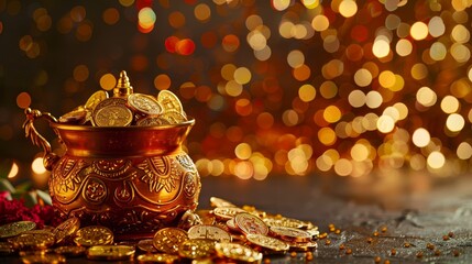 With a golden pot and ornate background depicting Akshaya Tritiya.