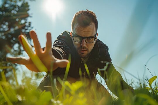 Child abduction. A suspicious man Looks down and reaches out with hands to grab and take. Social issues, child safety, child protection.