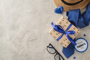 Stylish gift-wrapping concept for Father's Day featuring a navy tie, straw hat, glasses, and a...