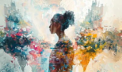 Double exposure, Woman and the city. Portrait, close-up. Surrealistic abstraction with double exposure.