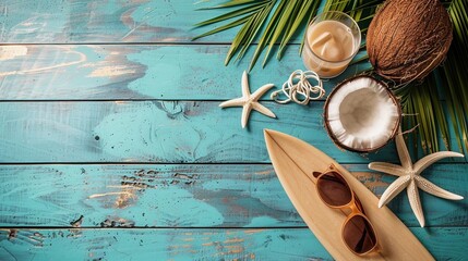 beach day essentials, sunglasses, blue sky, coconut drink, - Powered by Adobe