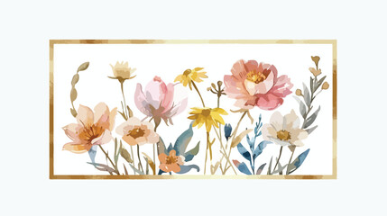 Watercolor gold frame and meadow flowers. Isolated 